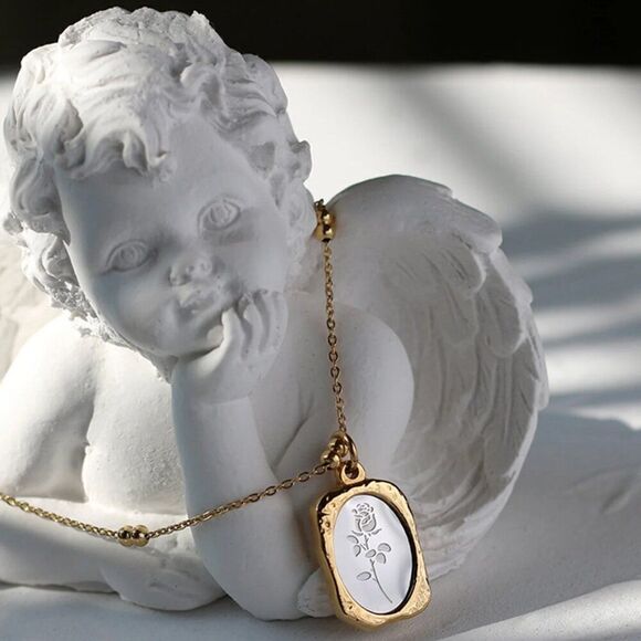 Two-Toned Gold and Silver Embossed Mirror Rose Pendant Necklace - Picture 4 of 11